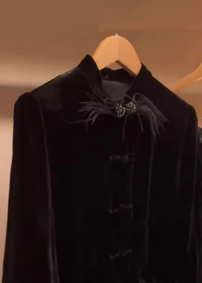 Classy Black Button Patchwork Silk Velvet Coat Spring