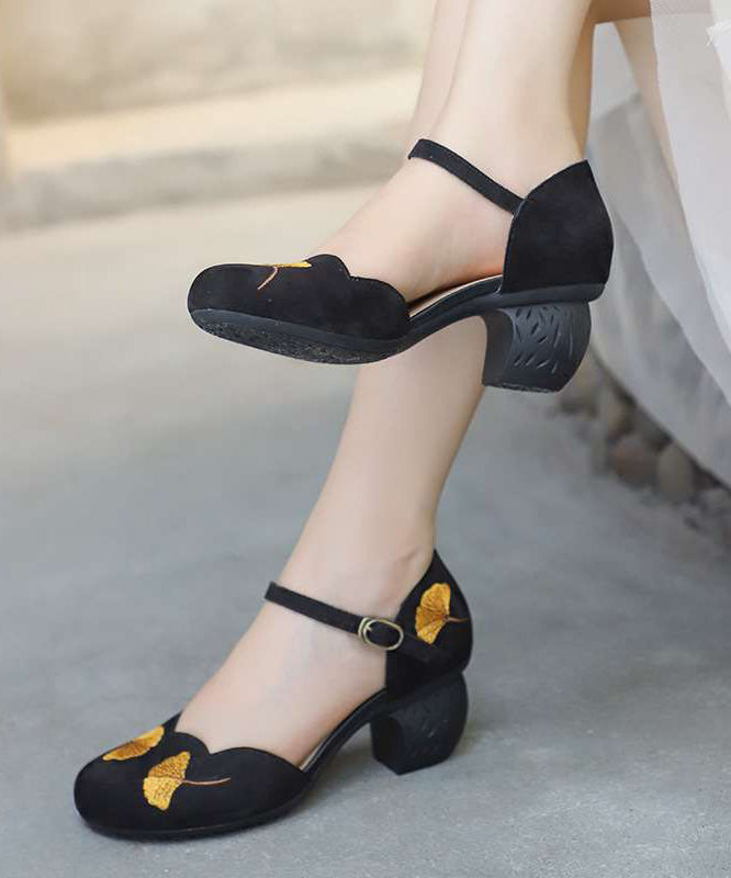 Classy Black Chunky Cowhide Leather Embossed Buckle Strap High Heels