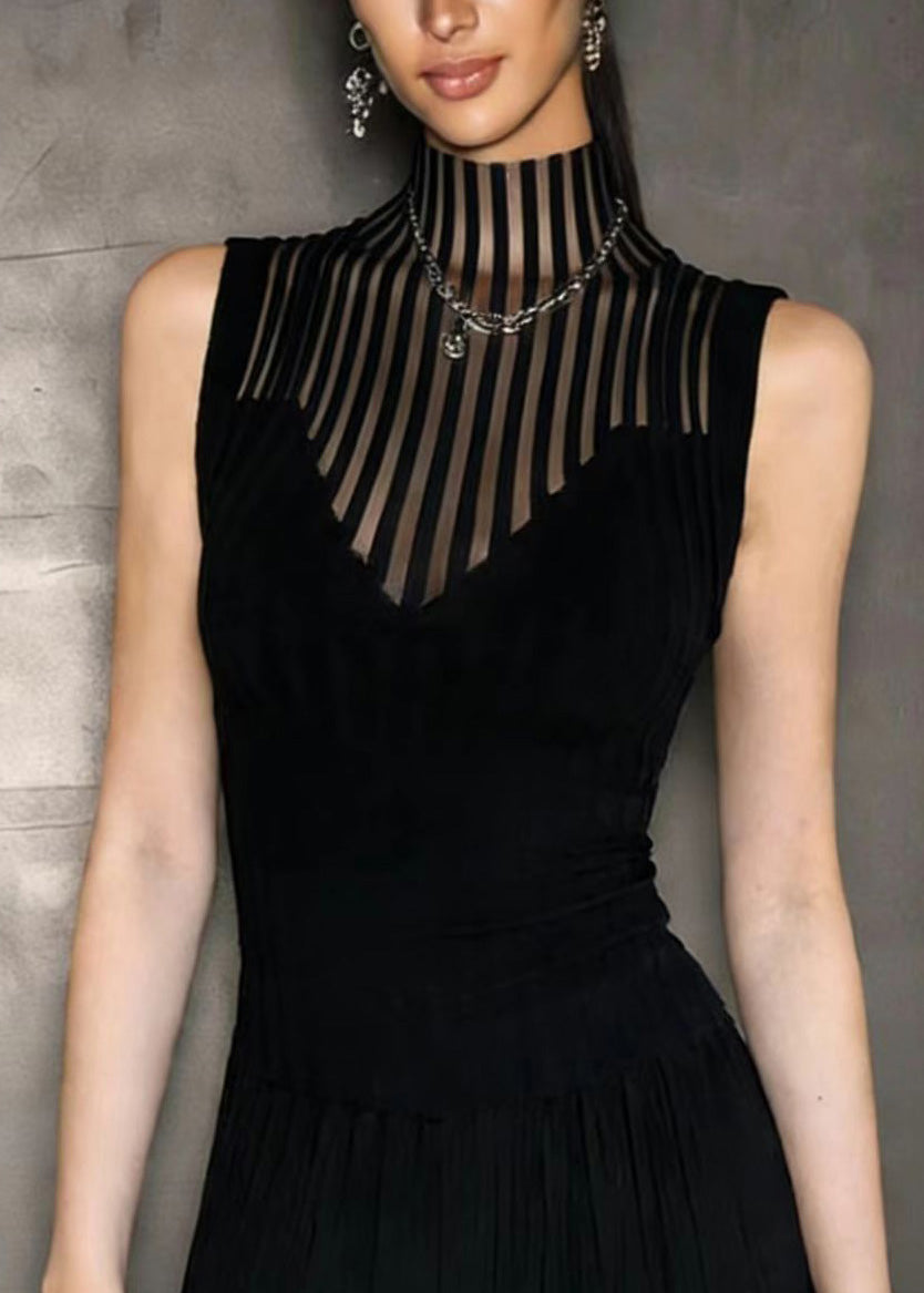 Classy Black Hign Neck Hollow Out Spandex Top Sleeveless