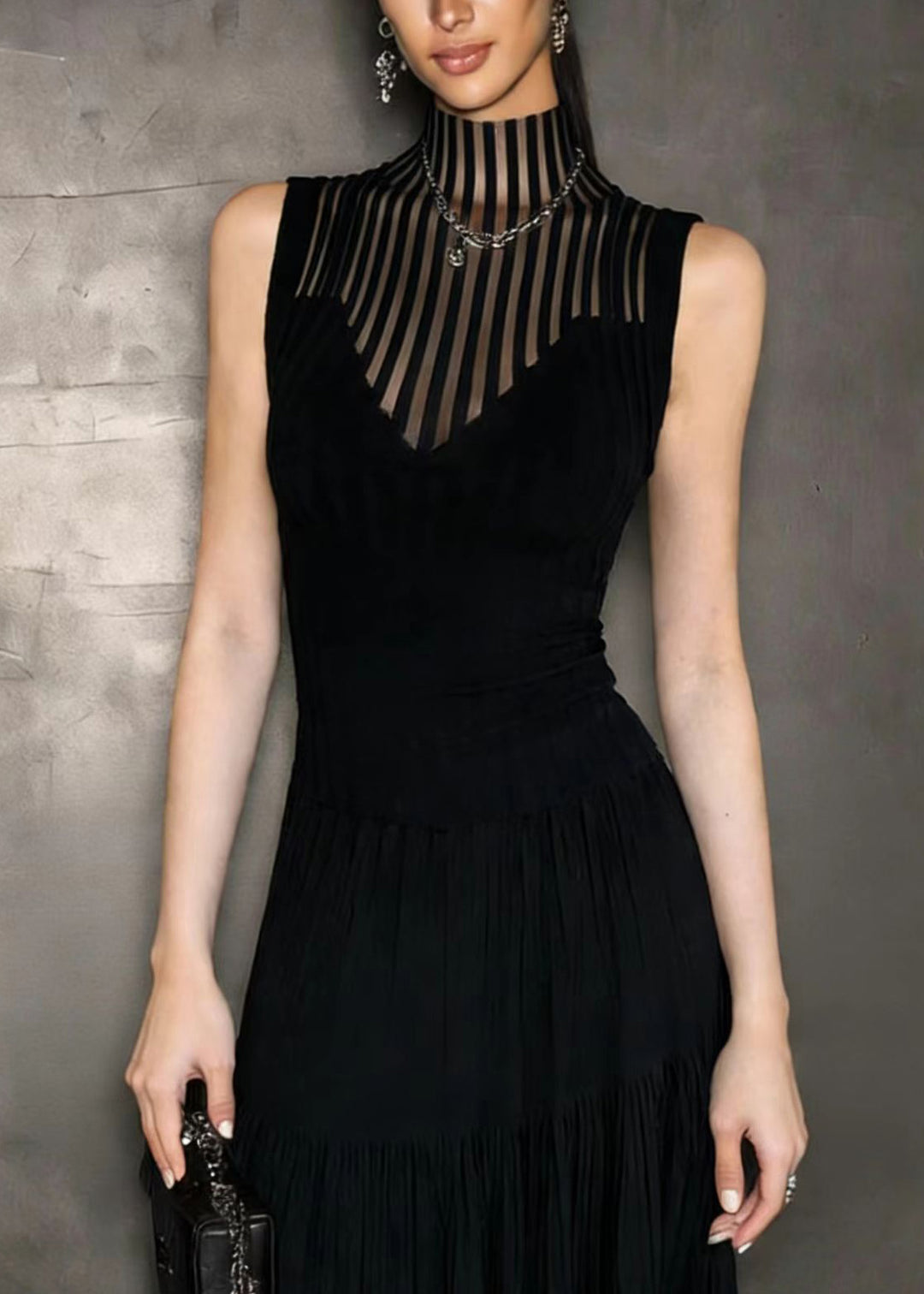 Classy Black Hign Neck Hollow Out Spandex Top Sleeveless