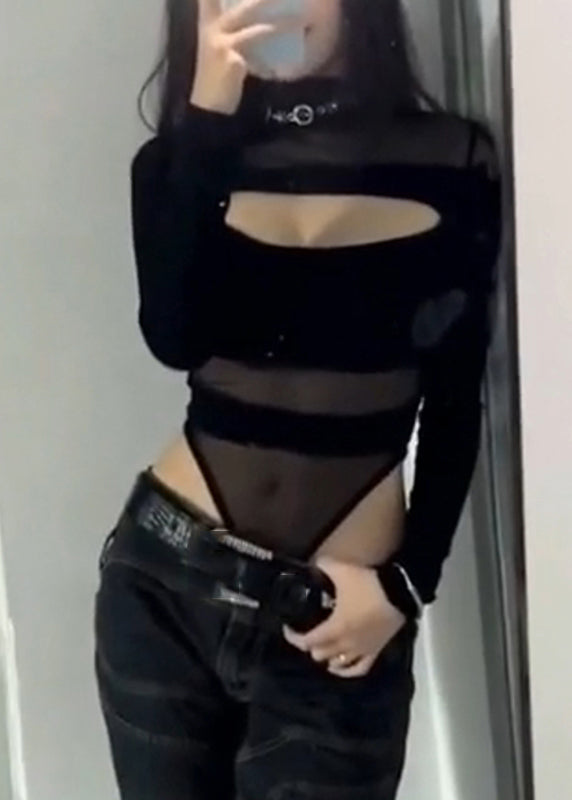 Classy Black Hollow Out Solid Tulle Bodysuit