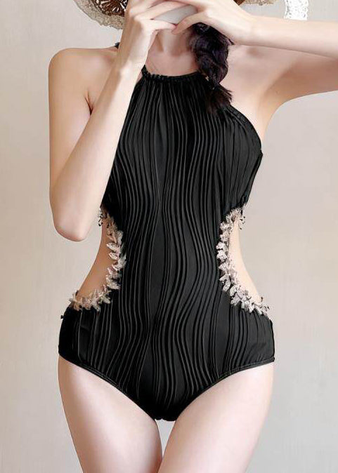 Classy Black Hollow Out Wrinkled Swiming Bodysuit