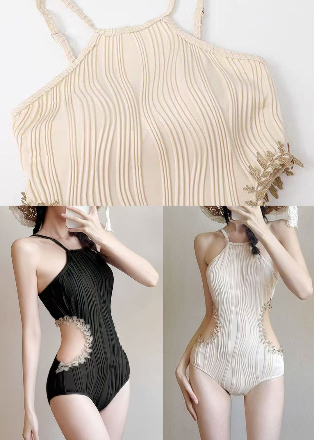 Classy Black Hollow Out Wrinkled Swiming Bodysuit