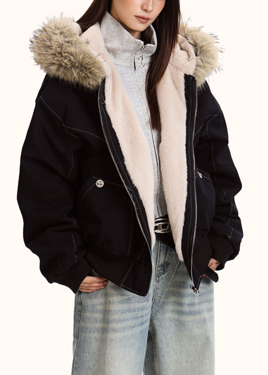 Classy Black Hooded Patchwork Warm Fleece Jacket Winter