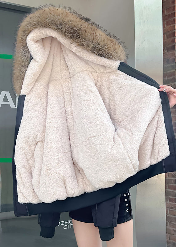 Classy Black Hooded Patchwork Warm Fleece Jacket Winter