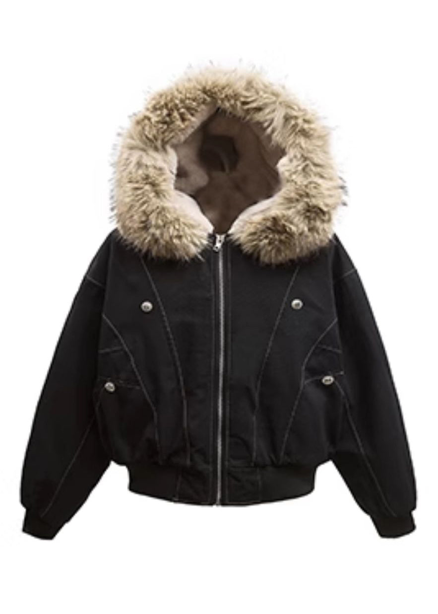 Classy Black Hooded Patchwork Warm Fleece Jacket Winter