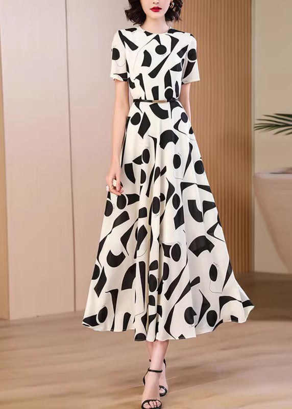 Classy Black O Neck Print Chiffon Dresses Summer