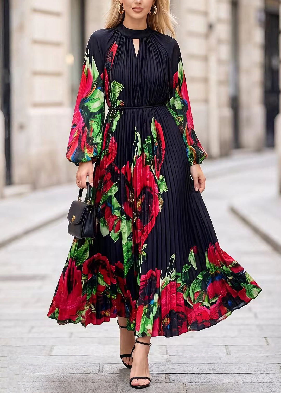 Classy Black O Neck Print Chiffon Exra Large Hem Dress Spring