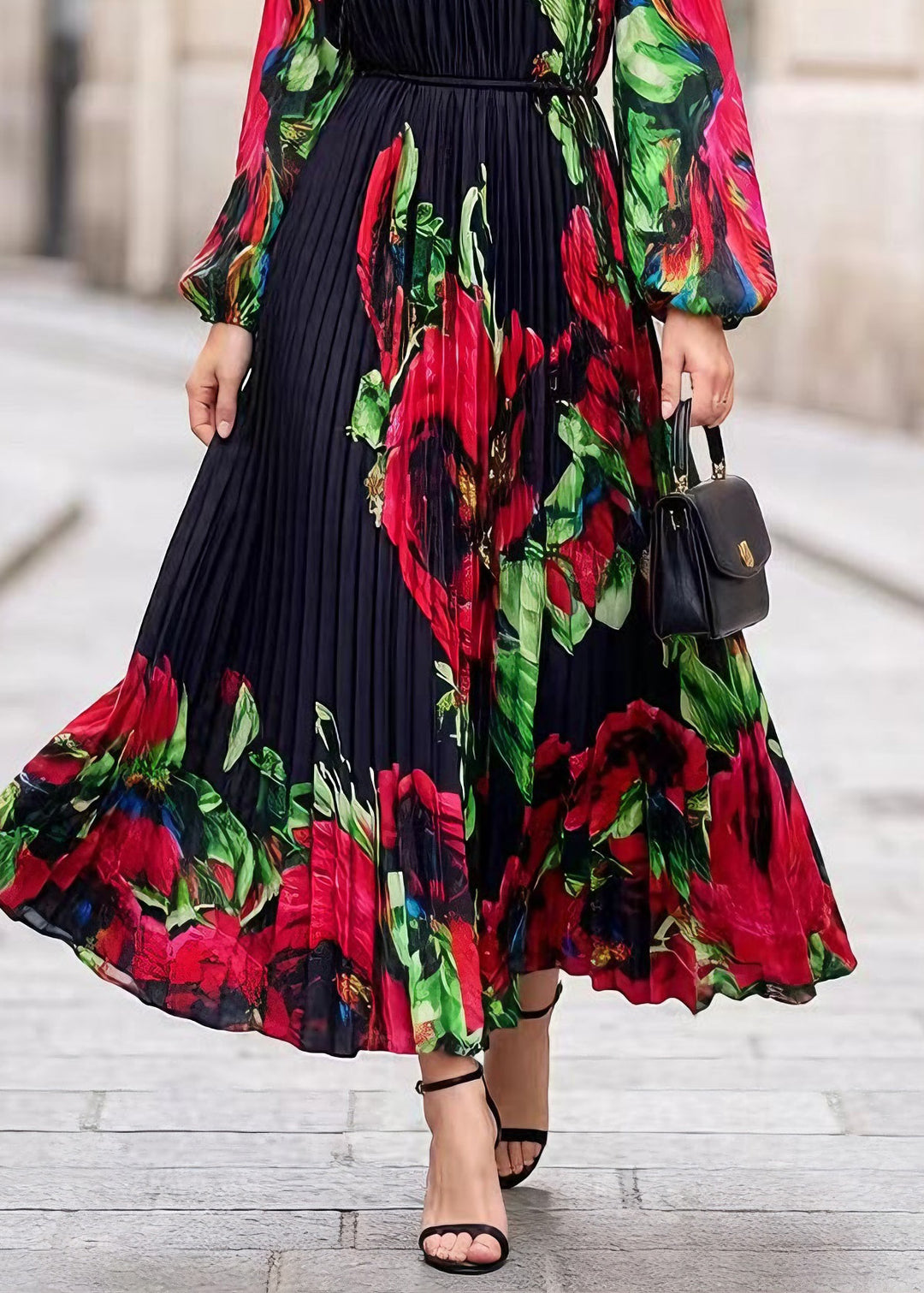 Classy Black O Neck Print Chiffon Exra Large Hem Dress Spring