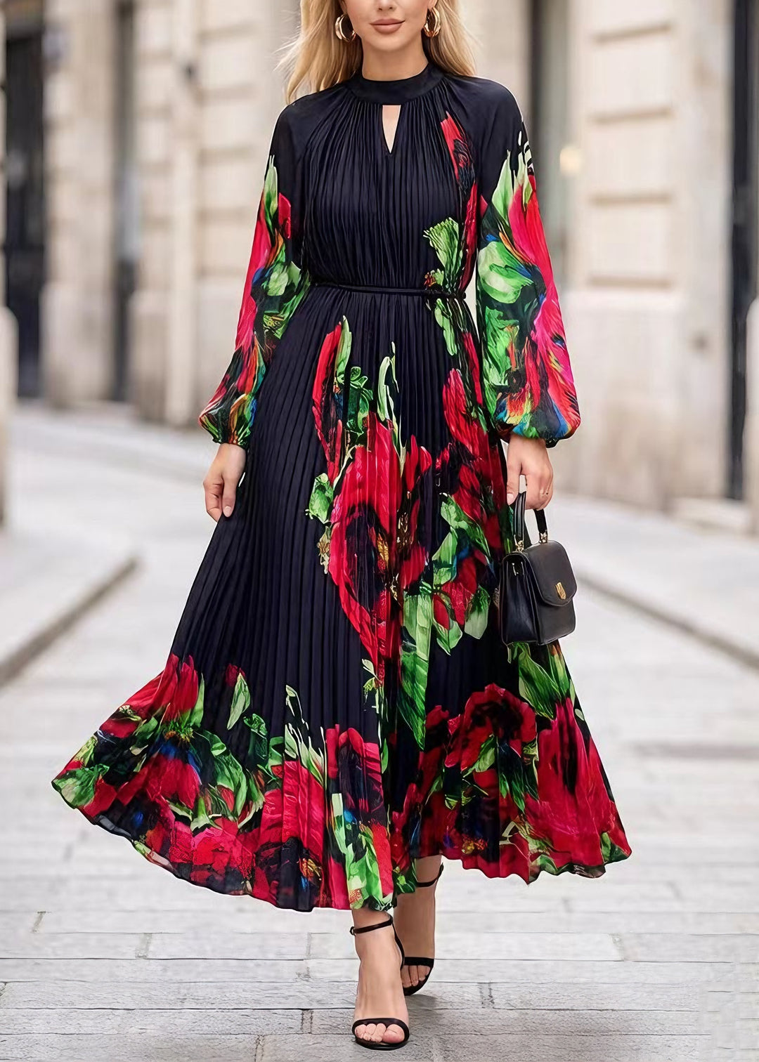 Classy Black O Neck Print Chiffon Exra Large Hem Dress Spring