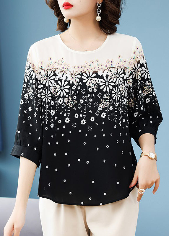 Classy Black O-Neck Print Chiffon Shirts Summer