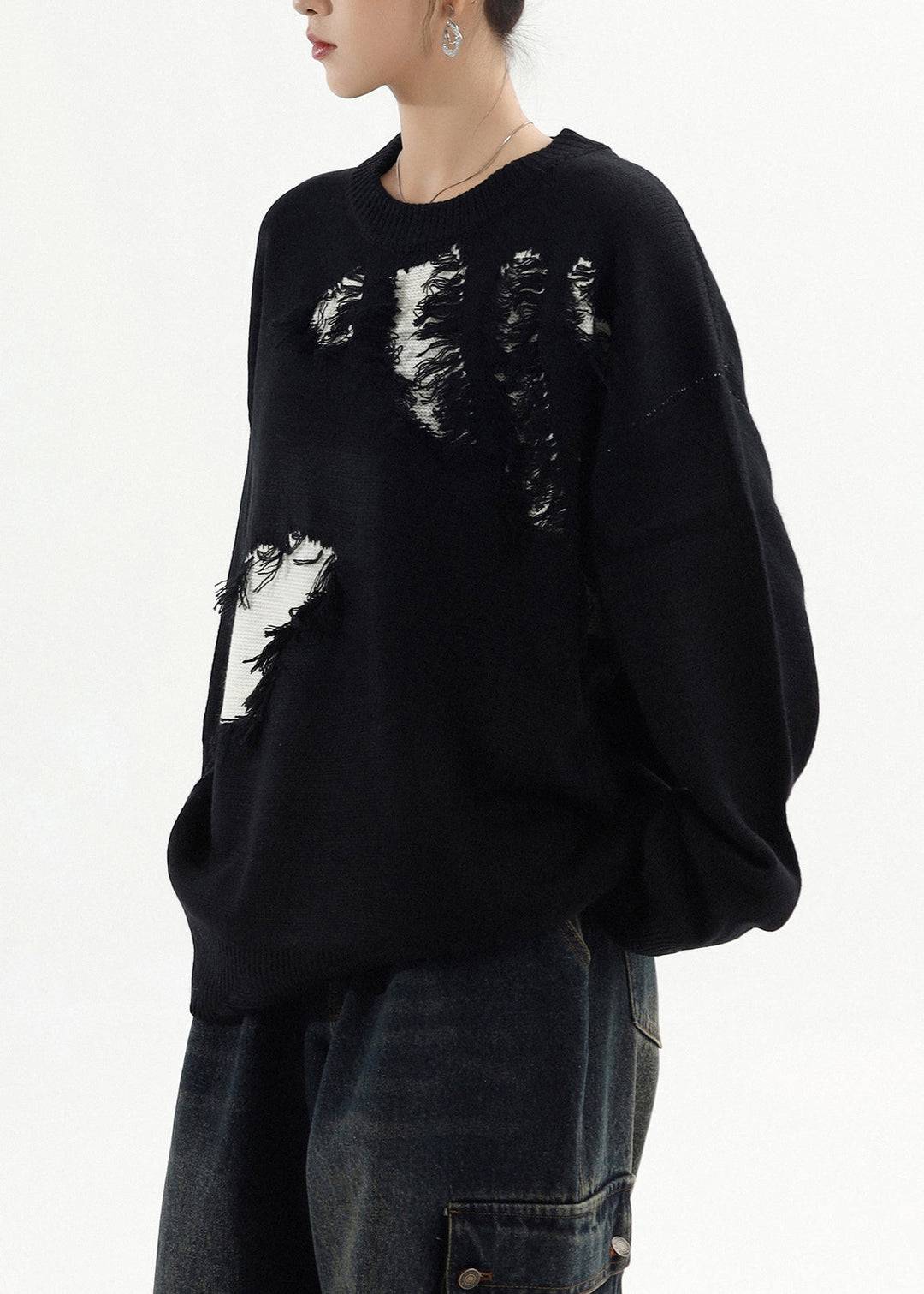 Classy Black Oversized Patchwork Ripped Sweater Tops Winter