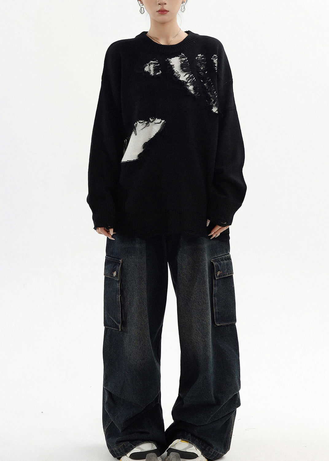 Classy Black Oversized Patchwork Ripped Sweater Tops Winter
