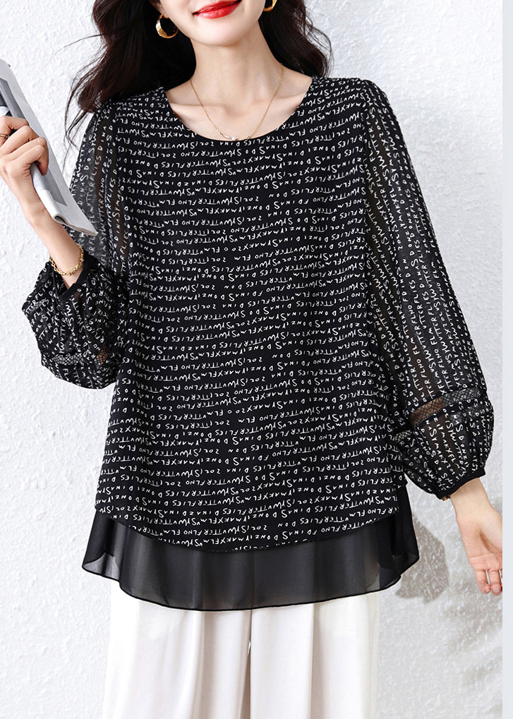Classy Black Oversized Print Chiffon Fake Two Piece Shirts Fall
