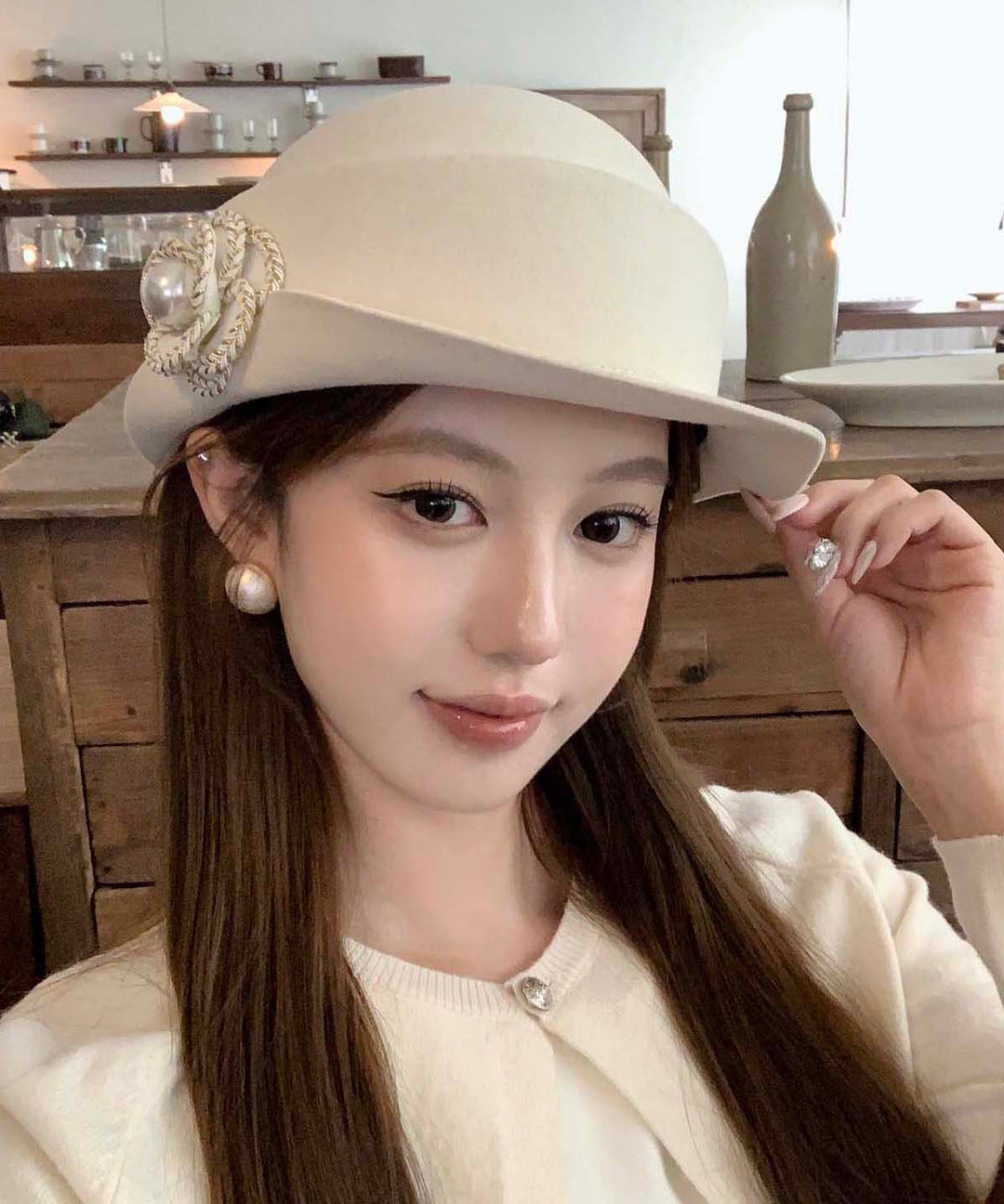 Classy Black Pearl Floral Woolen Cloche Hat