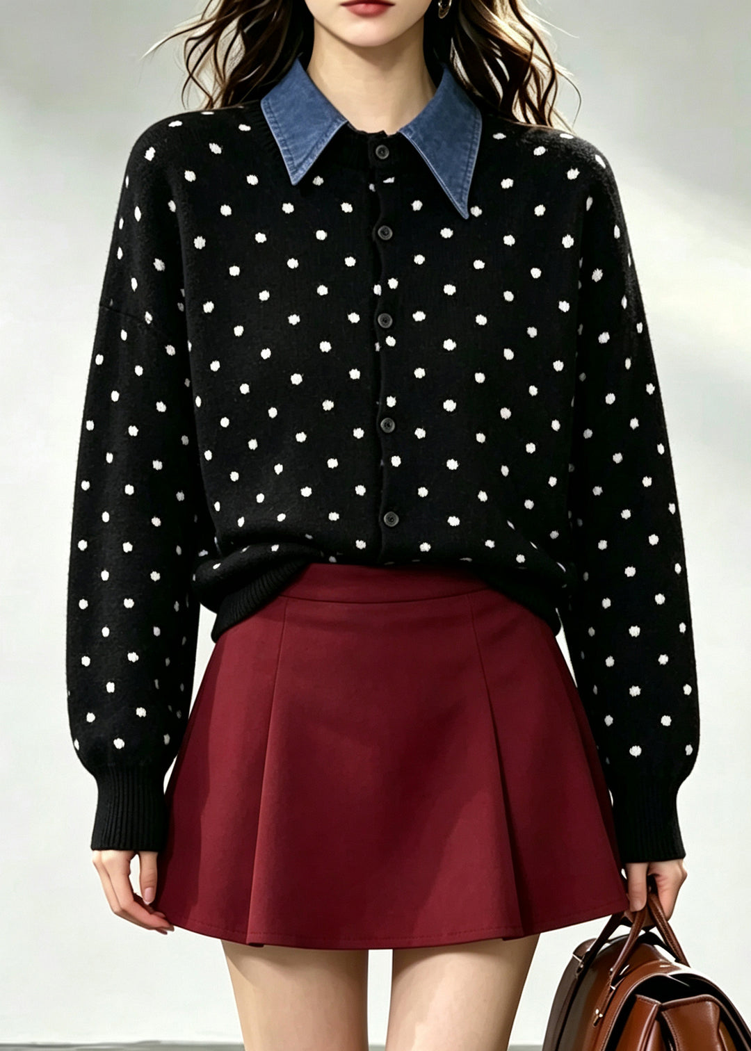 Classy Black Peter Pan Collar Patchwork Dot Knitted Tops Winter