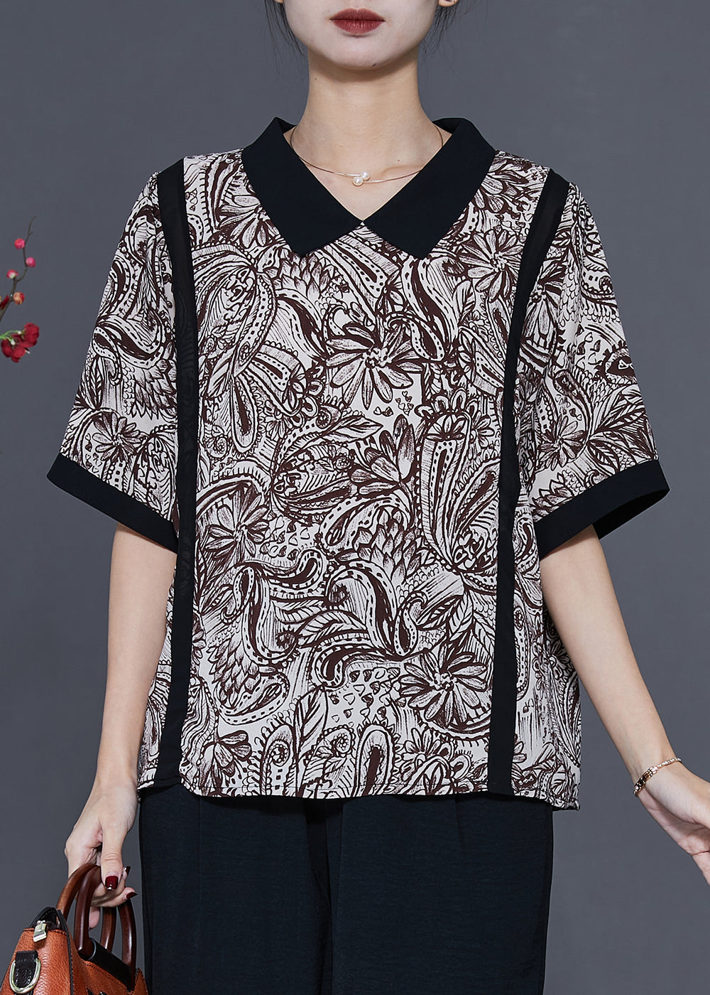 Classy Black Peter Pan Collar Print Chiffon Shirt Top Summer