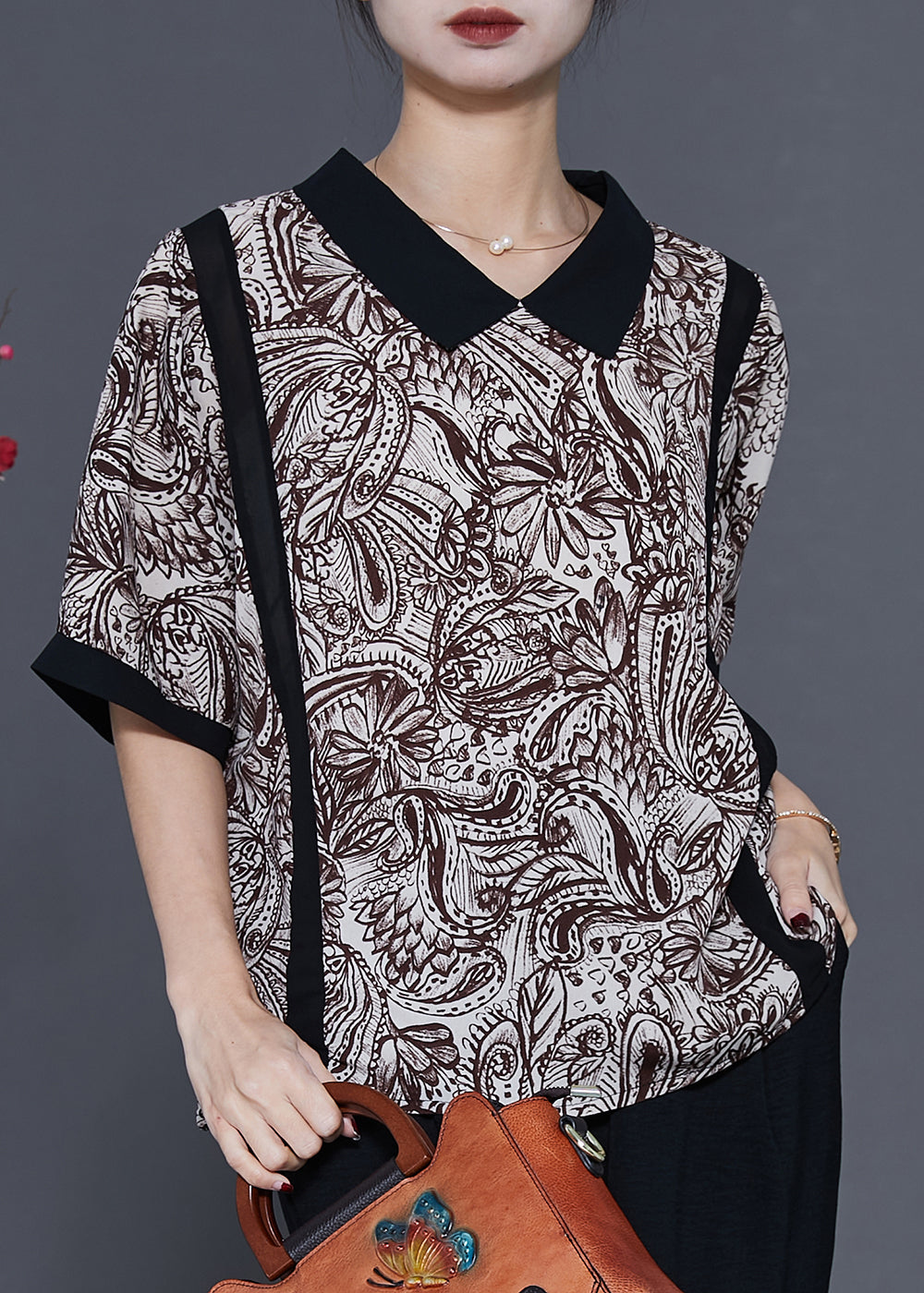 Classy Black Peter Pan Collar Print Chiffon Shirt Top Summer