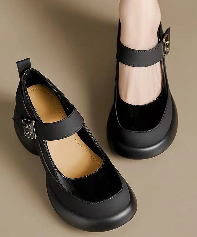 Classy Black Platform Genuine Leather Buckle Strap High Heels