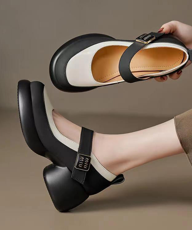 Classy Black Platform Genuine Leather Buckle Strap High Heels