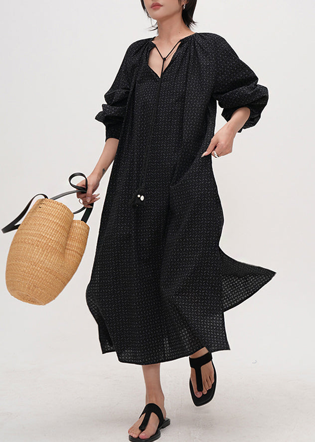 Classy Black Print Side Open Cotton Holiday Dress Fall