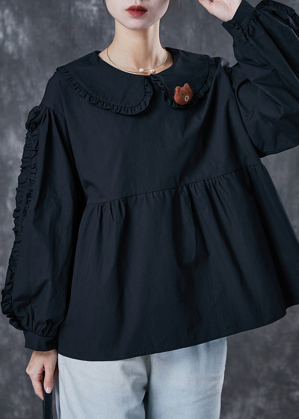 Classy Black Ruffled Pockets Cotton Sweatshirts Top Spring