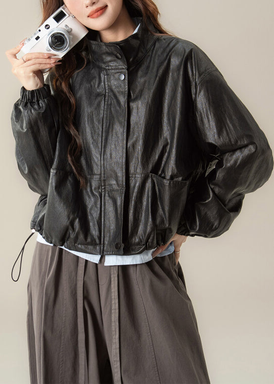 Classy Black Stand Collar Drawstring Faux Leather Coat Spring