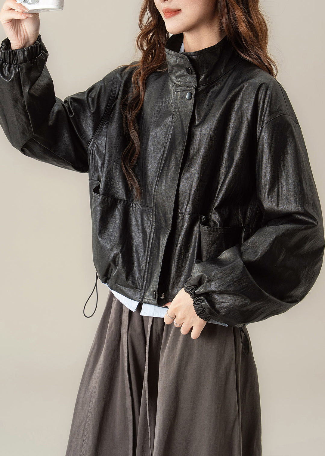 Classy Black Stand Collar Drawstring Faux Leather Coat Spring