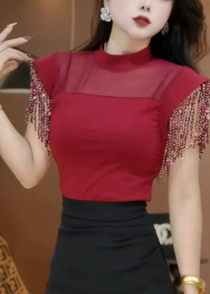 Classy Black Tasseled Patchwork Hollow Out Shirt Tops Summer