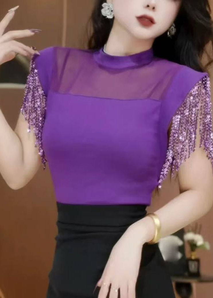 Classy Black Tasseled Patchwork Hollow Out Shirt Tops Summer