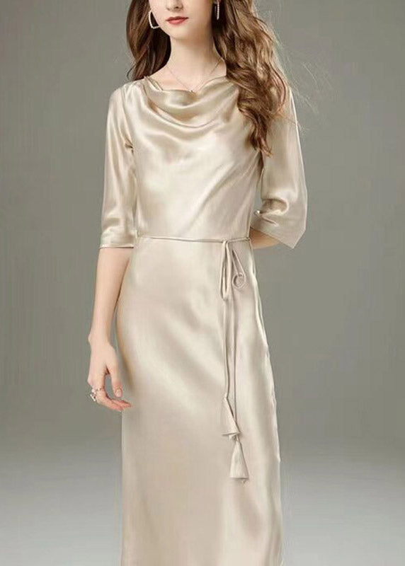 Classy Black Tie Waist Solid Silk Long Dress Half Sleeve
