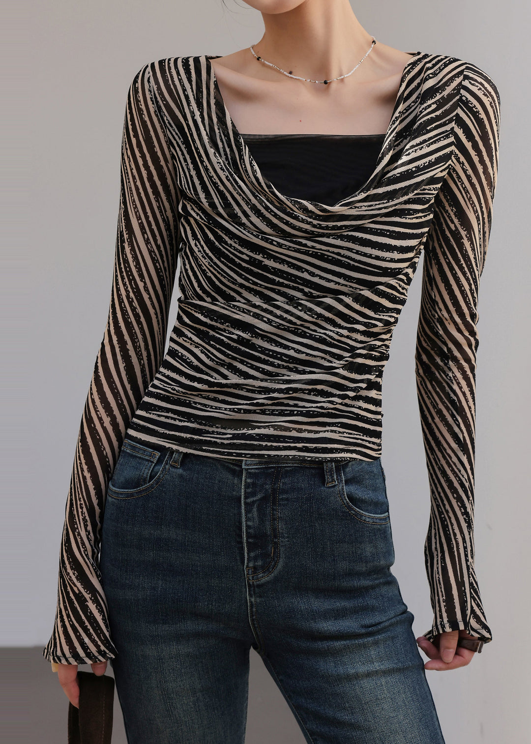 Classy Black Turtle Neck Striped Chiffon Top Fall