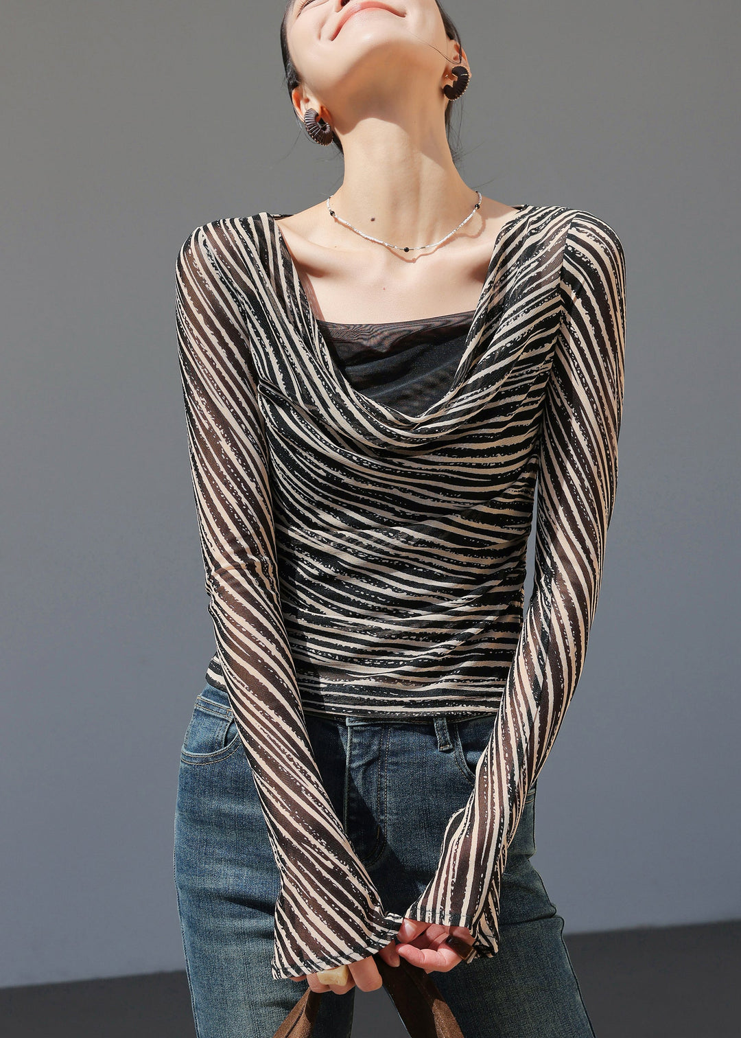 Classy Black Turtle Neck Striped Chiffon Top Fall