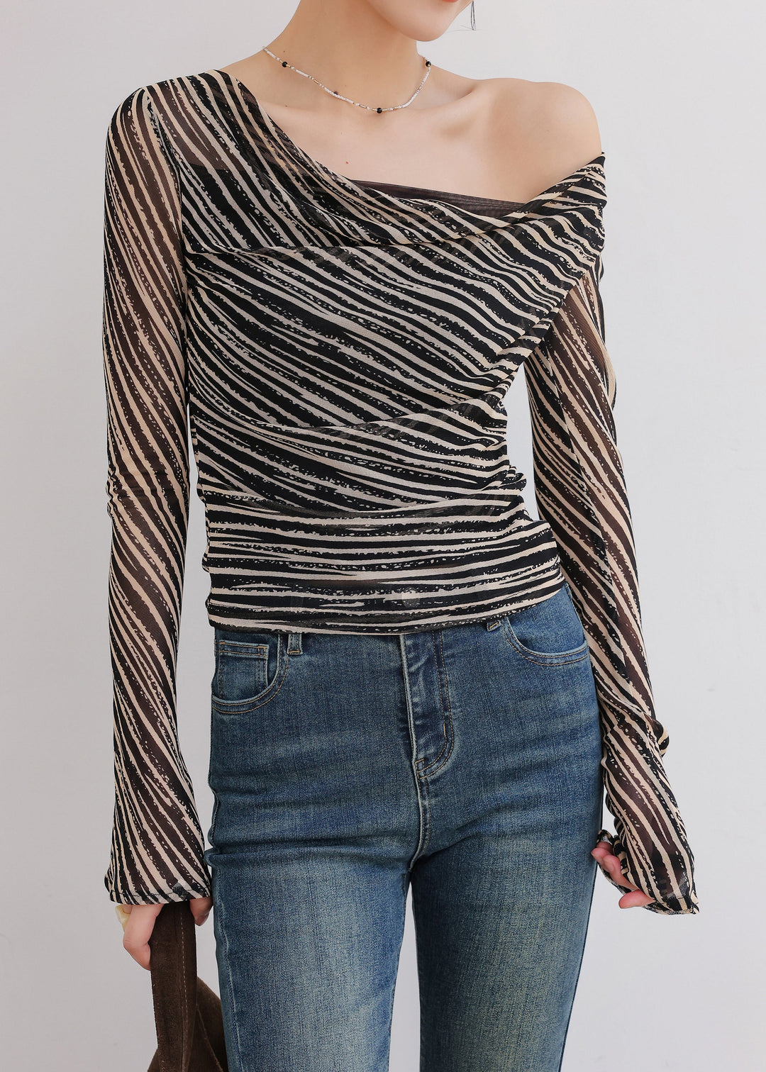Classy Black Turtle Neck Striped Chiffon Top Fall