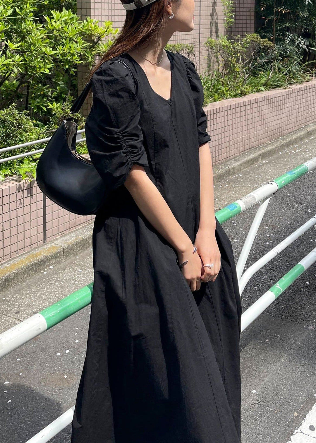Classy Black V Neck Exra Large Hem Long Dresses Puff Sleeve