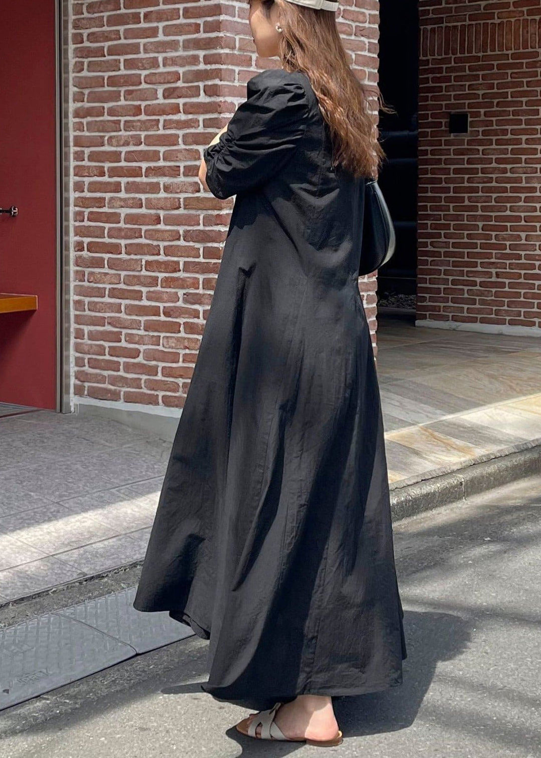 Classy Black V Neck Exra Large Hem Long Dresses Puff Sleeve
