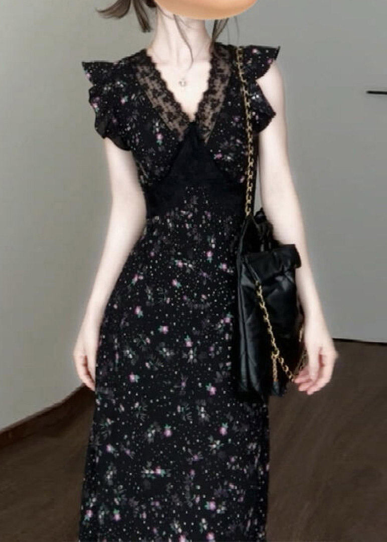 Classy Black V Neck Lace Patchwork Long Dress Short Sleeve