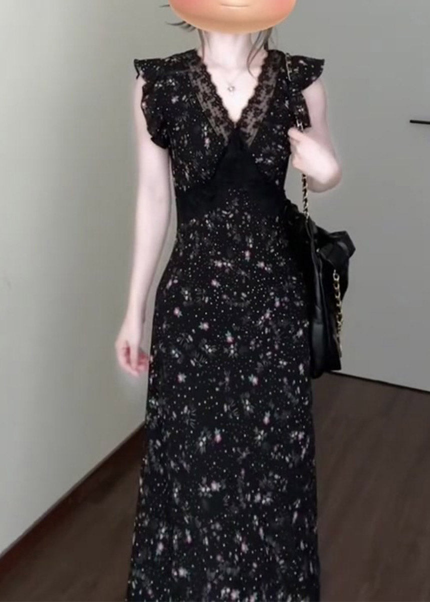 Classy Black V Neck Lace Patchwork Long Dress Short Sleeve