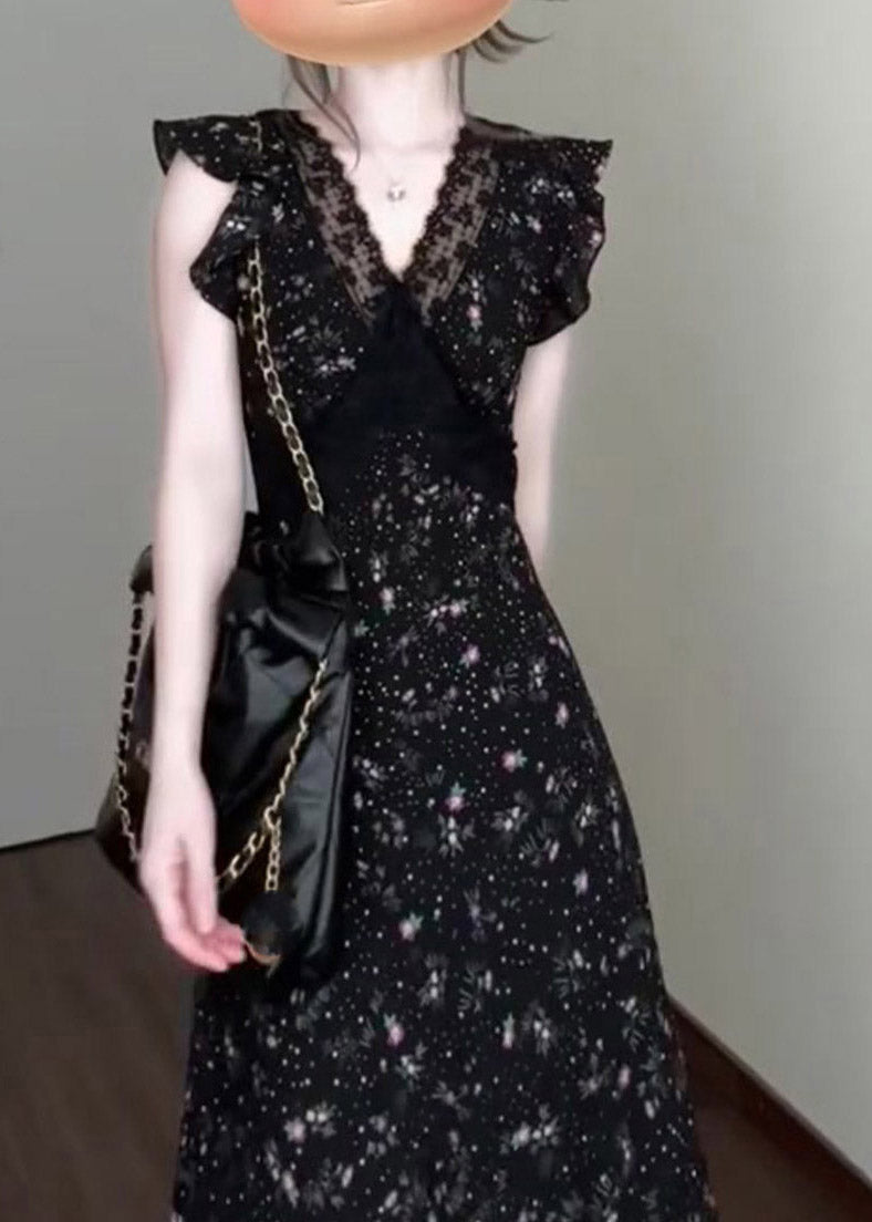 Classy Black V Neck Lace Patchwork Long Dress Short Sleeve