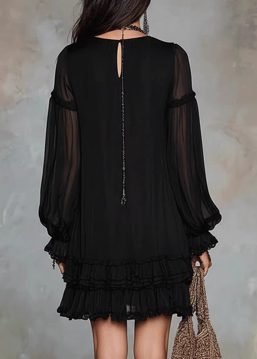 Classy Black V Neck Ruffled Patchwork Chiffon Dresses Fall