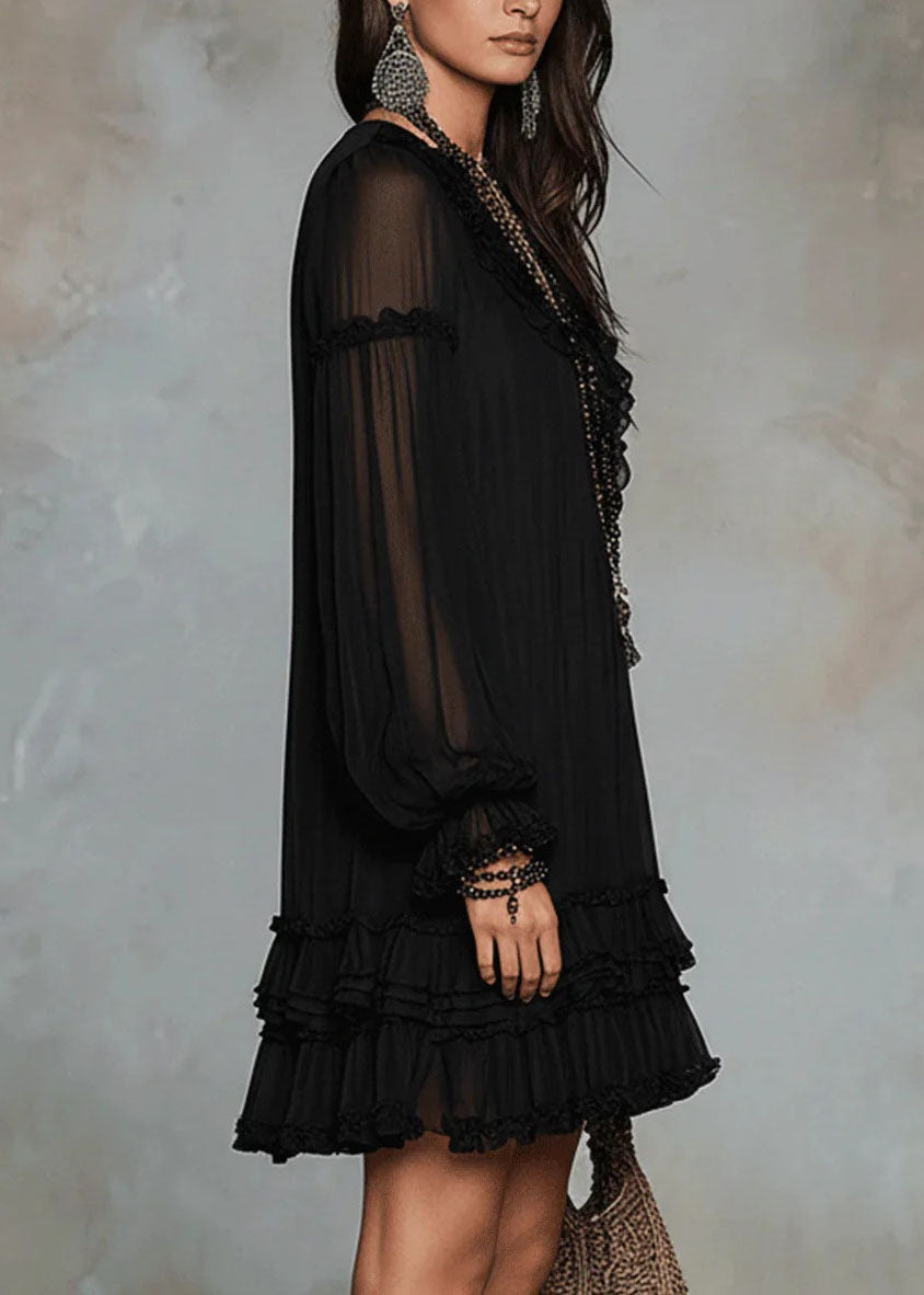Classy Black V Neck Ruffled Patchwork Chiffon Dresses Fall