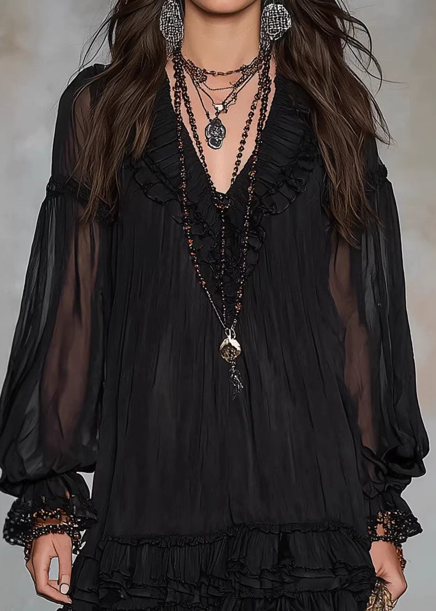 Classy Black V Neck Ruffled Patchwork Chiffon Dresses Fall