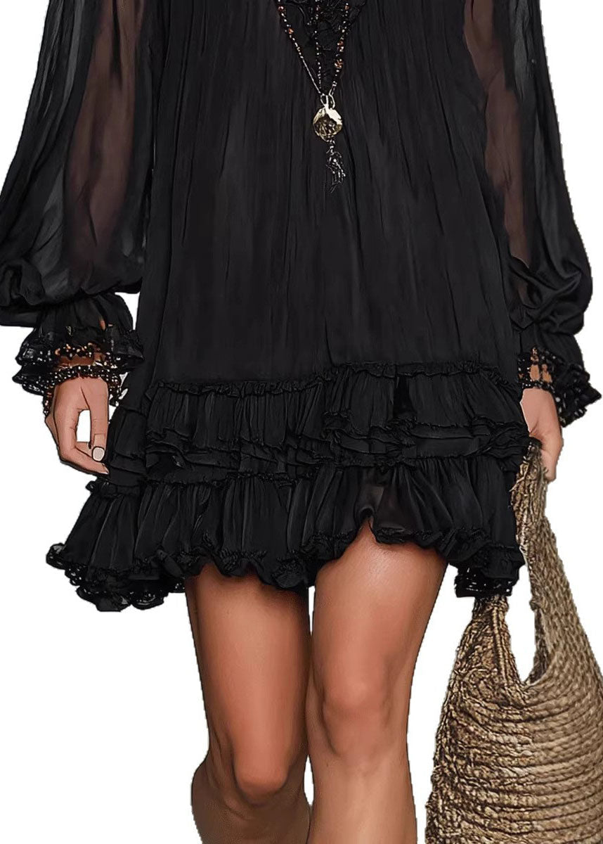 Classy Black V Neck Ruffled Patchwork Chiffon Dresses Fall