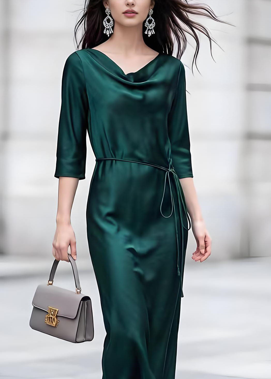 Classy Blackish Green Turtle Neck Lace Up Silk Dress Bracelet Sleeve