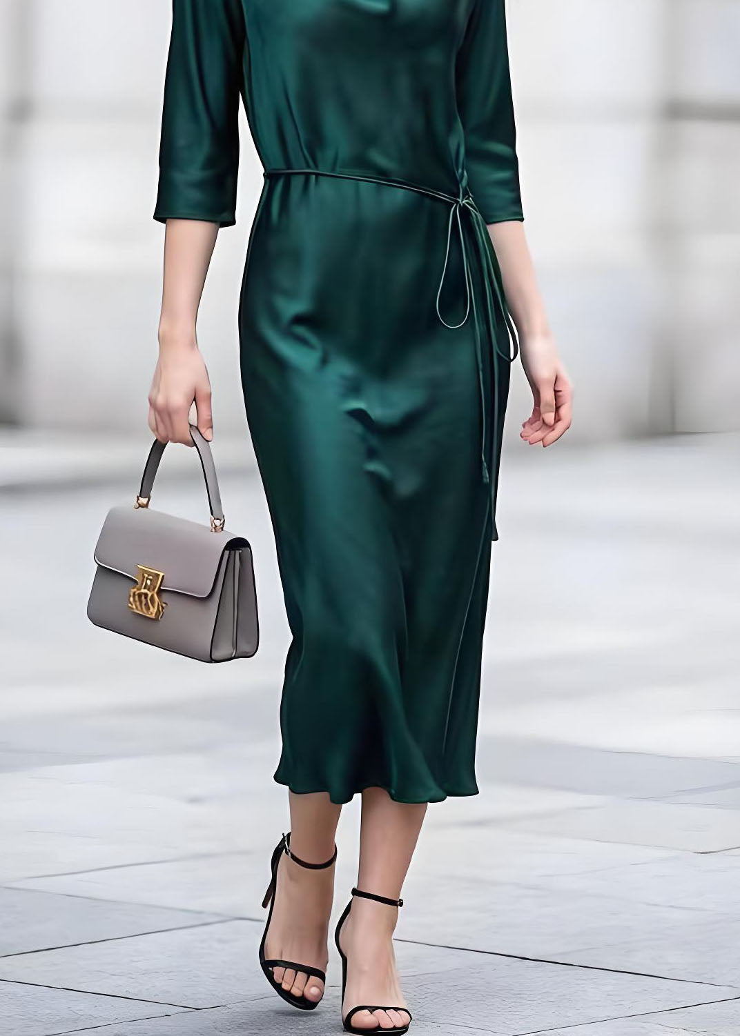 Classy Blackish Green Turtle Neck Lace Up Silk Dress Bracelet Sleeve