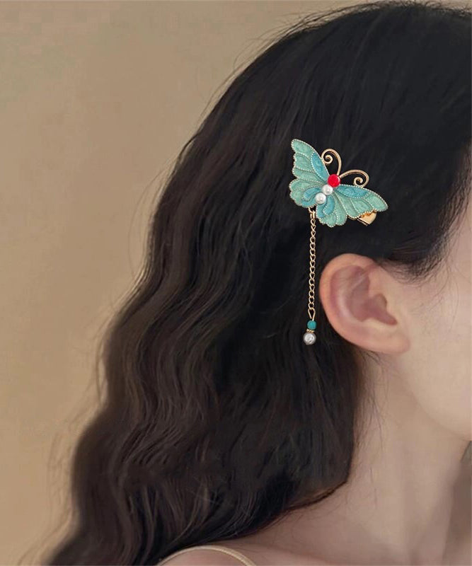 Classy Blue Butterfly Sterling Silver Overgild Enamel Pearl Tassel Hairpin