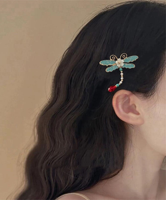 Classy Blue Butterfly Sterling Silver Overgild Enamel Pearl Tassel Hairpin