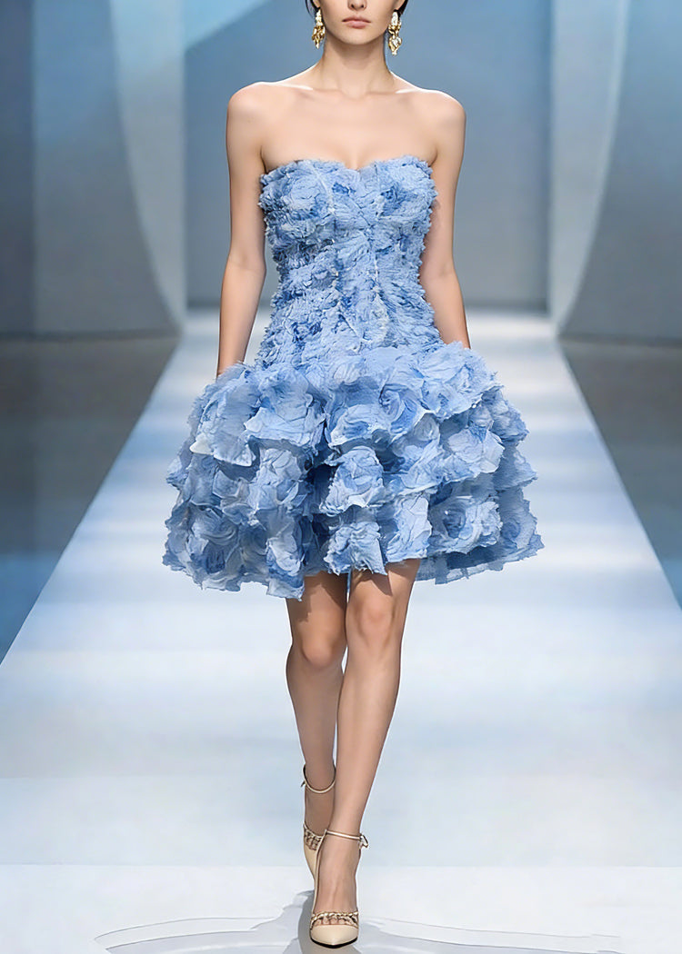 Classy Blue Cold Shoulder Floral Tulle Mid Dress Summer - Omychic