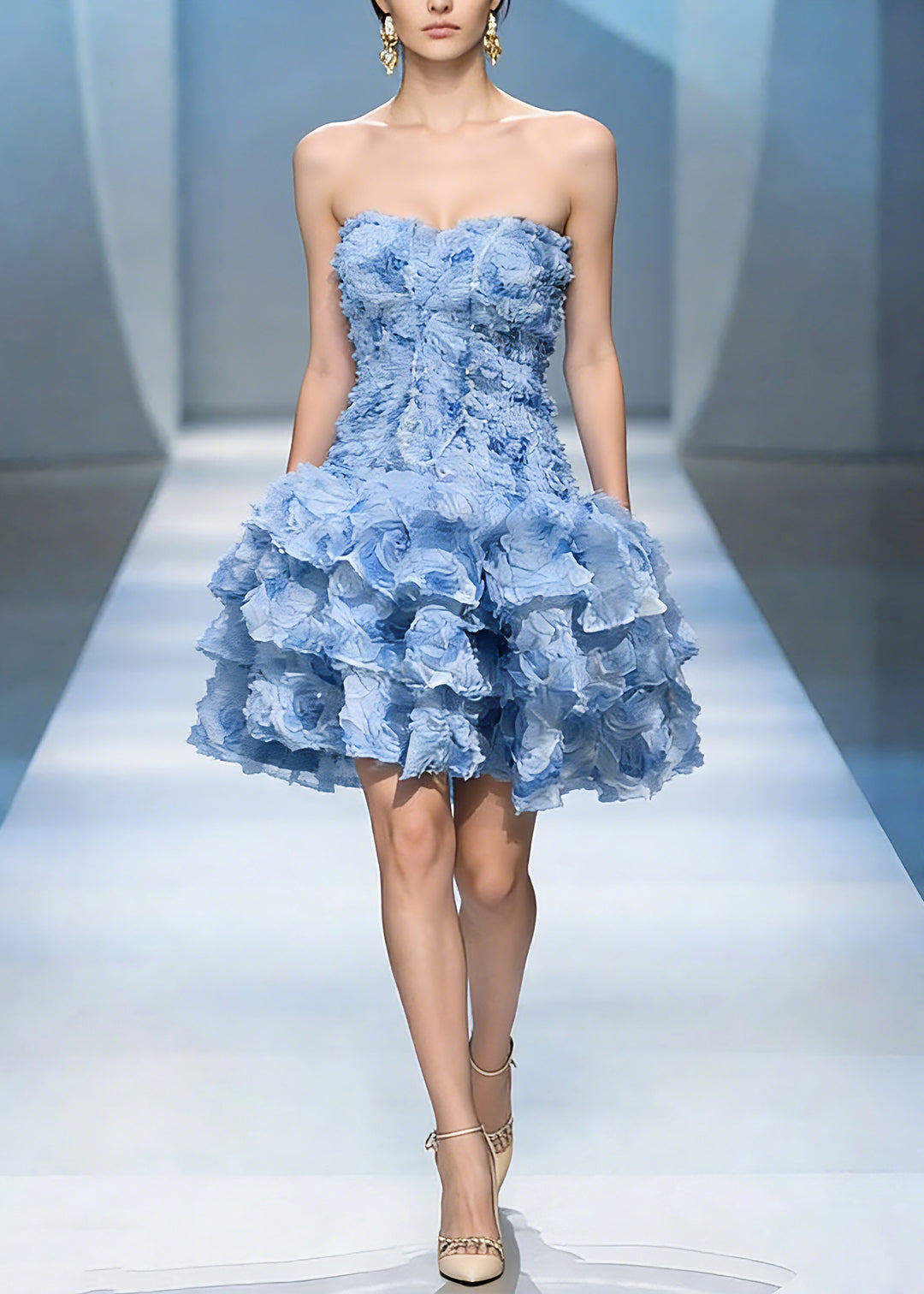 Classy Blue Cold Shoulder Floral Tulle Mid Dress Summer - Omychic