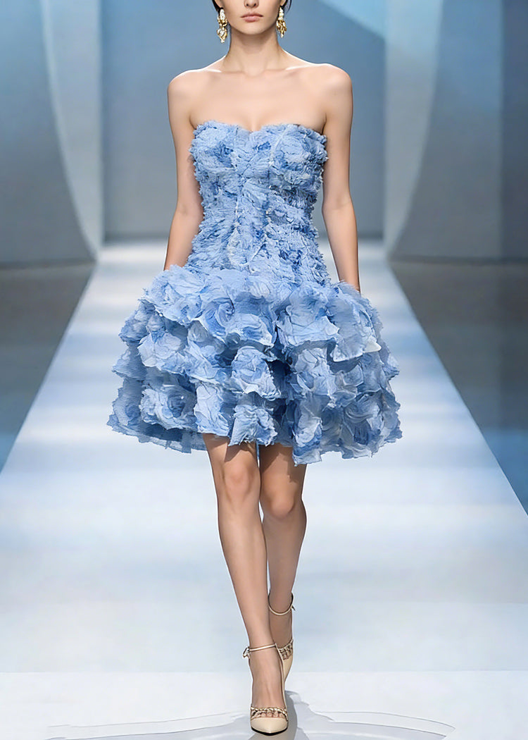 Classy Blue Cold Shoulder Floral Tulle Mid Dress Summer - Omychic